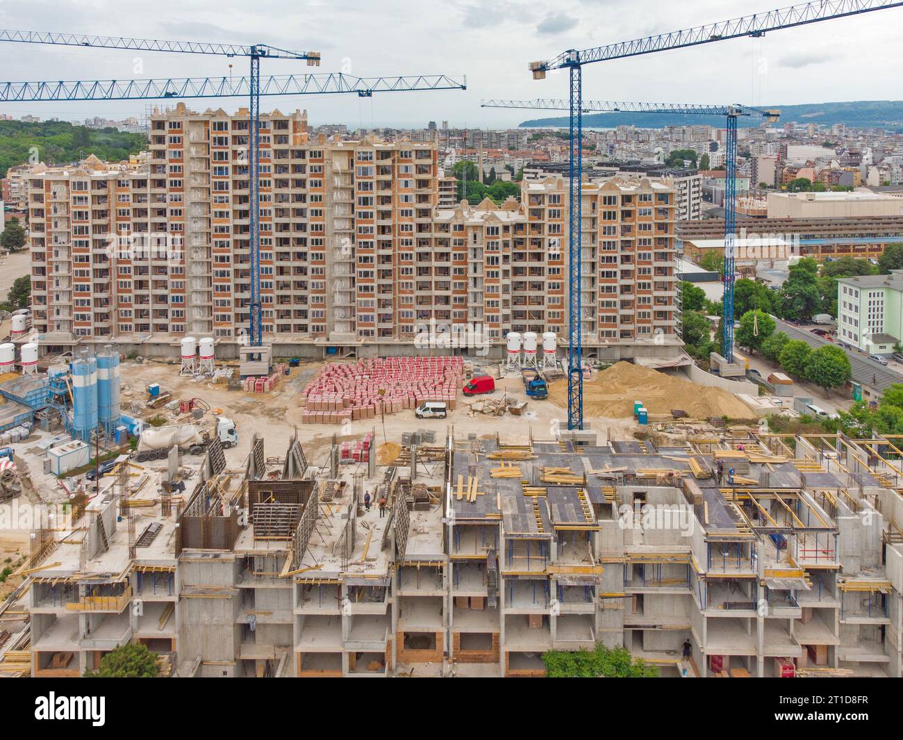 Busy Construction Site and Construction Equipment Aerial top view Stock ...