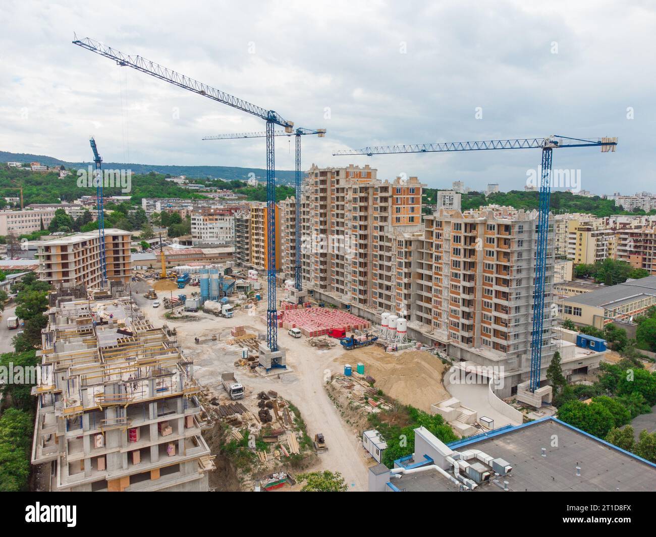 Busy Construction Site and Construction Equipment Aerial top view Stock ...