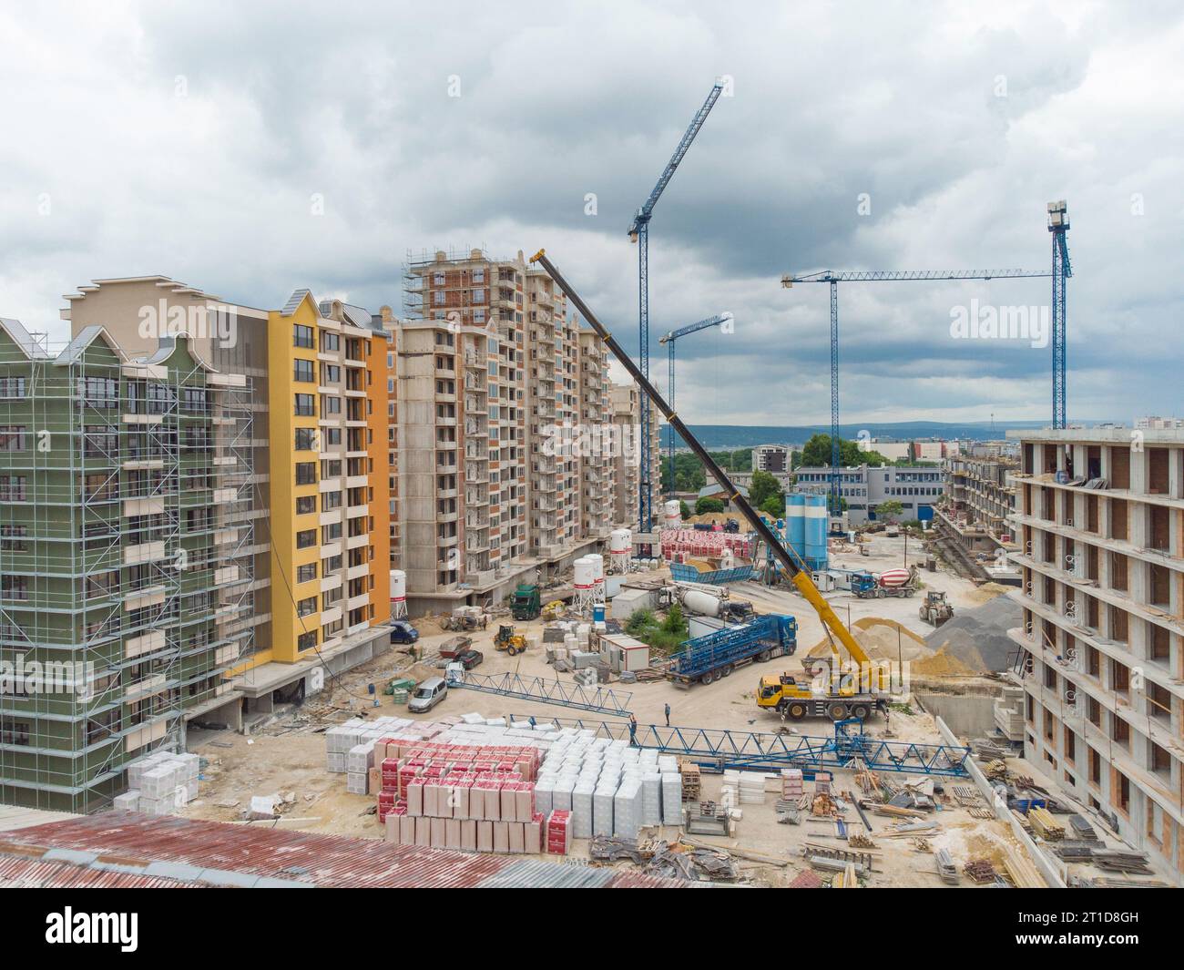 Busy Construction Site and Construction Equipment Aerial top view Stock ...