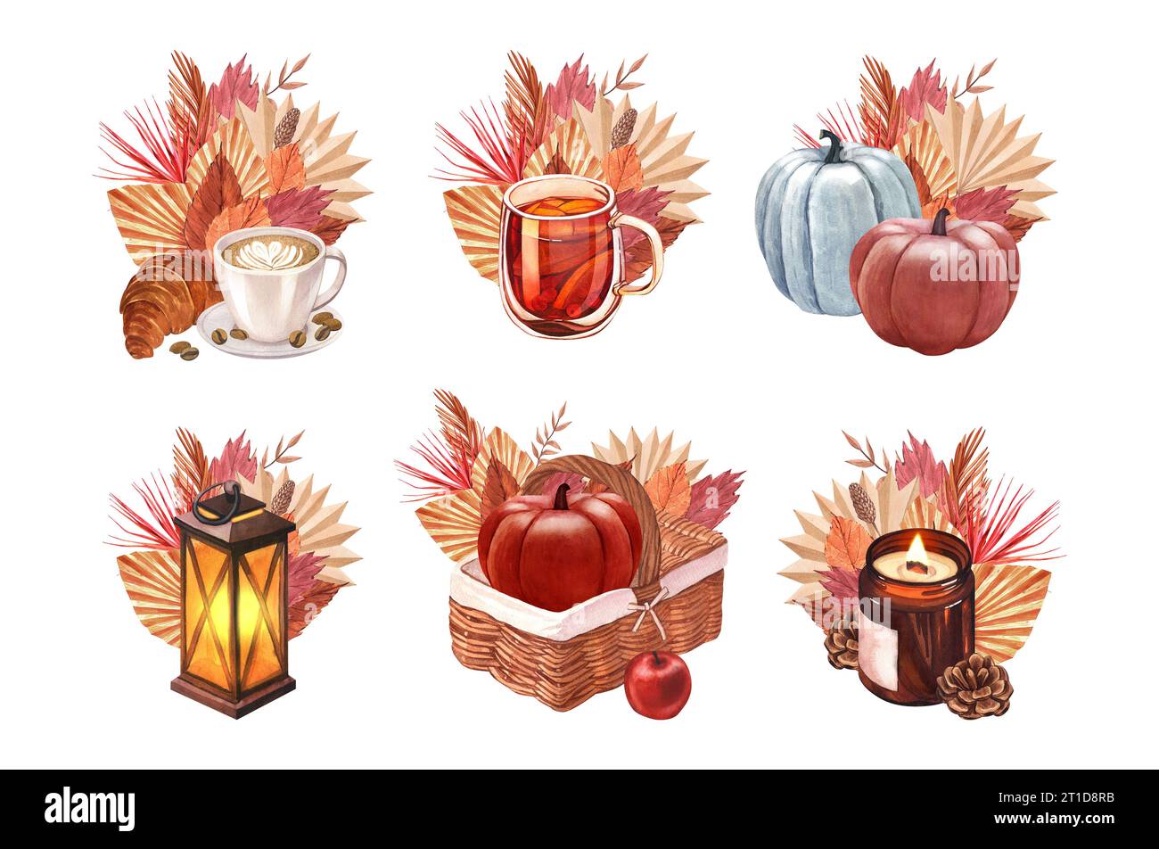 Watercolor autumn composition set with pumpkin, leaf and candle. Hand ...