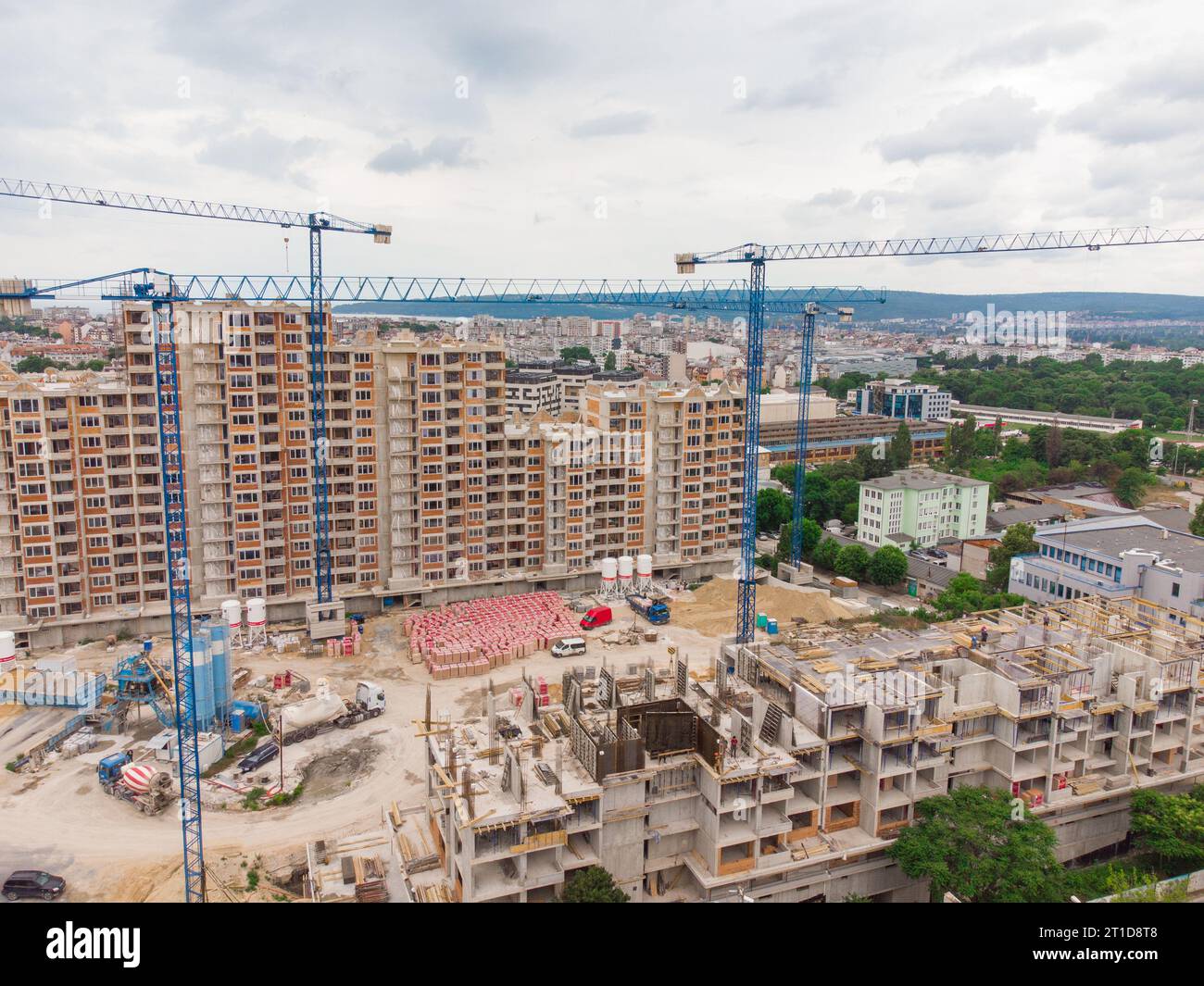 Busy Construction Site and Construction Equipment Aerial top view Stock ...