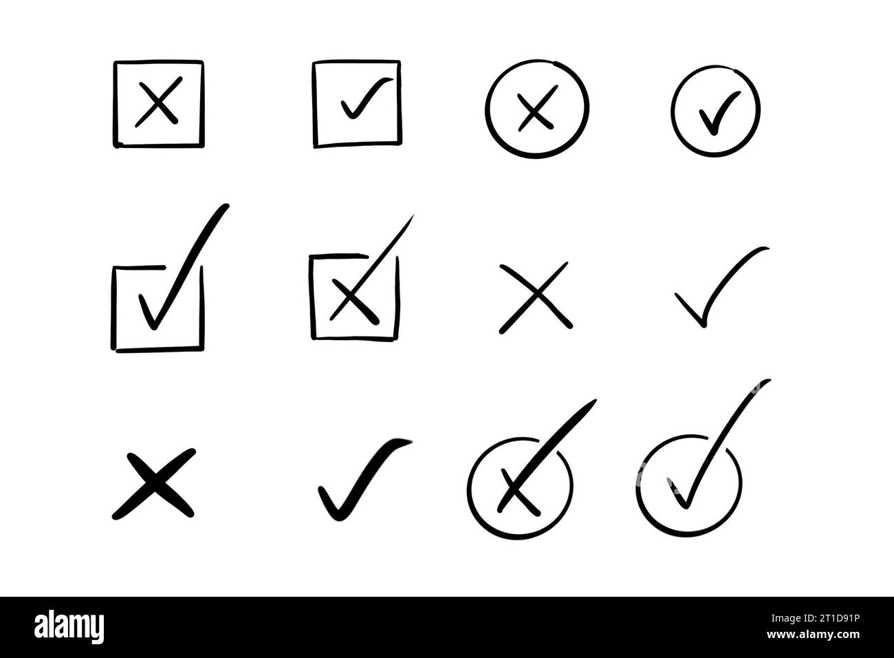 Doodle check mark e cross mark icon set check list símbolo