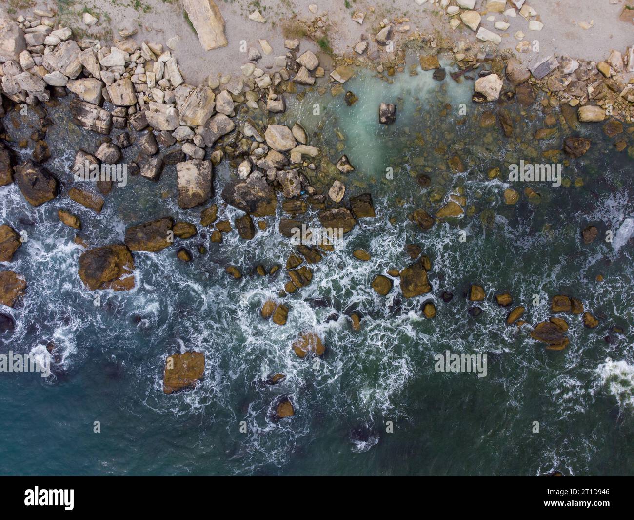 Aerial top view of sea waves and fantastic cliffs, rocky coast Stock ...