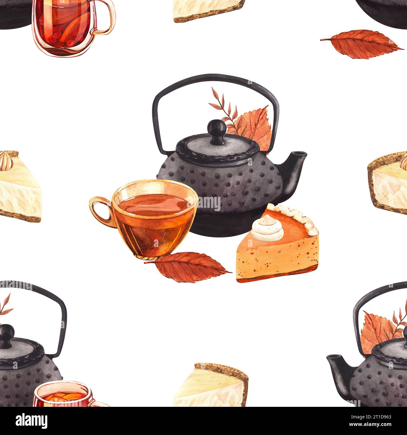 https://c8.alamy.com/comp/2T1D963/watercolor-pattern-teapot-cup-of-tea-and-autumn-leaves-hand-drawn-illustration-isolated-on-white-background-concept-for-fabric-print-menu-2T1D963.jpg