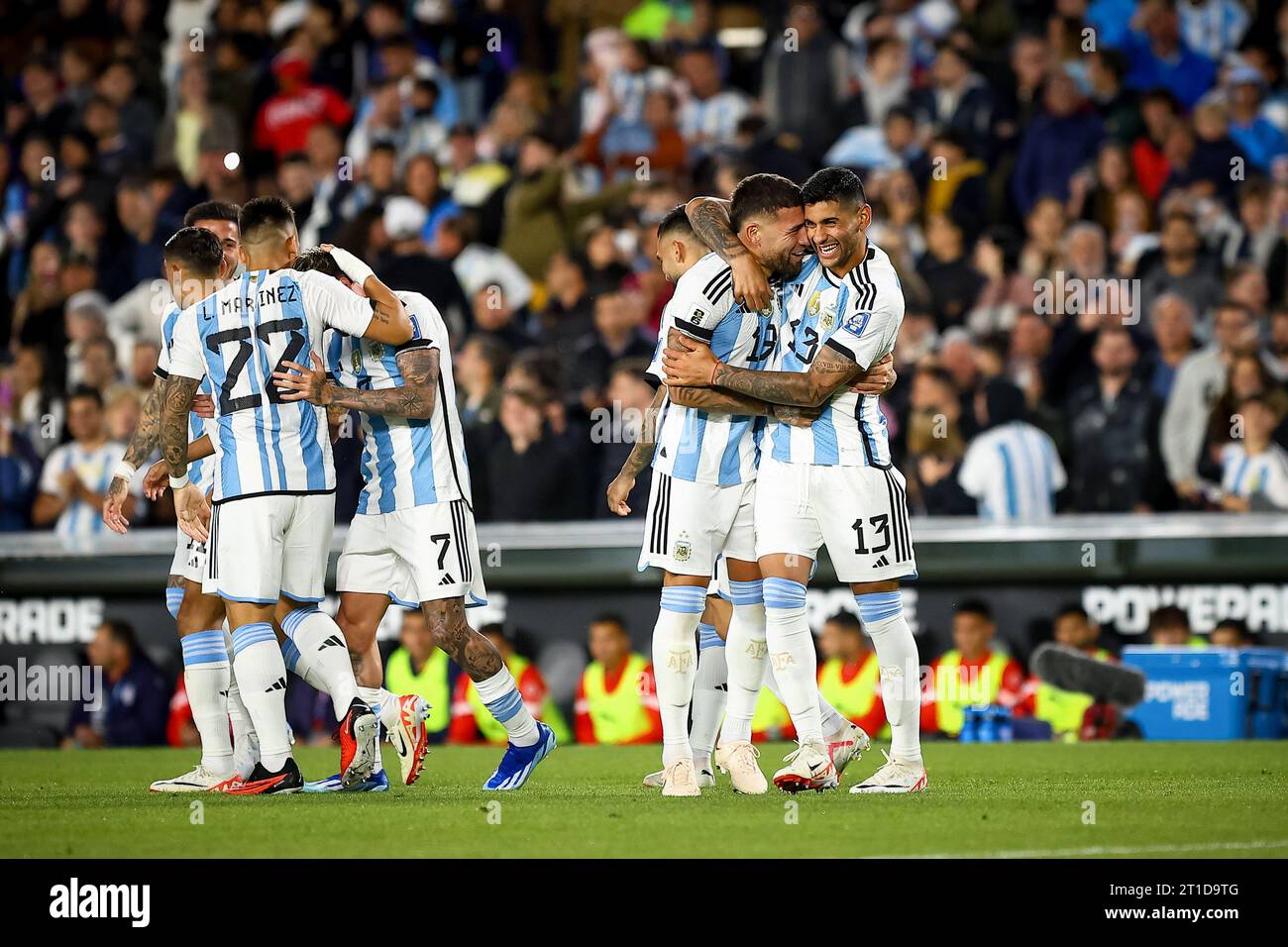 Buenos Aires, Argentina. 12th Oct, 2023. Nicolas Otamendi (R2) and Cristian Romero (R) of Argentina seen during the match between Argentina and Paraguay as part of FIFA World Cup 2026 Qualifier at Estadio Monumental Antonio Vespucio Liberti. Final score; Argentina 1 - 0 Paraguay Credit: SOPA Images Limited/Alamy Live News Stock Photo