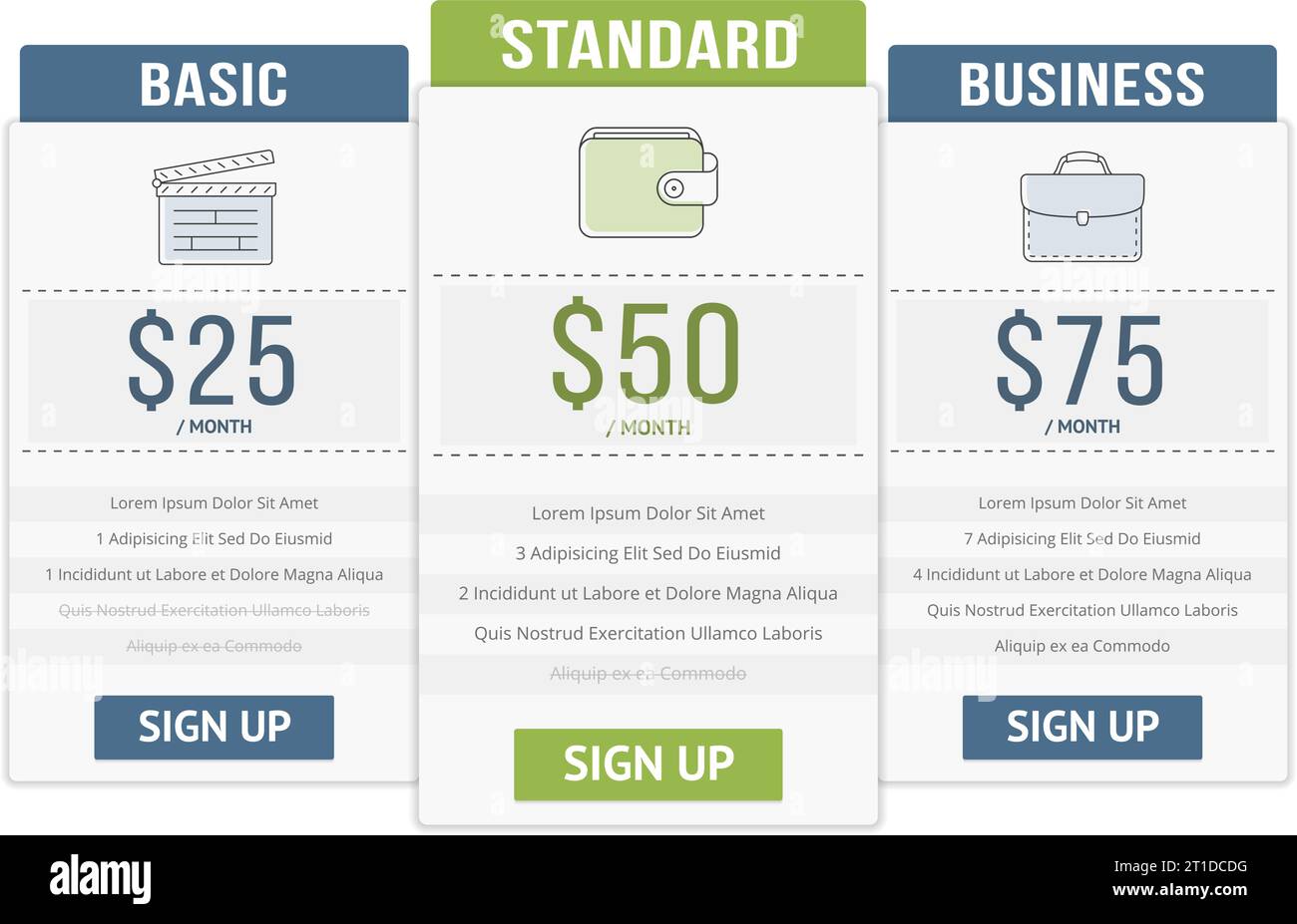 Pricing table template with three plans for websites, vector eps10 illustration Stock Vector