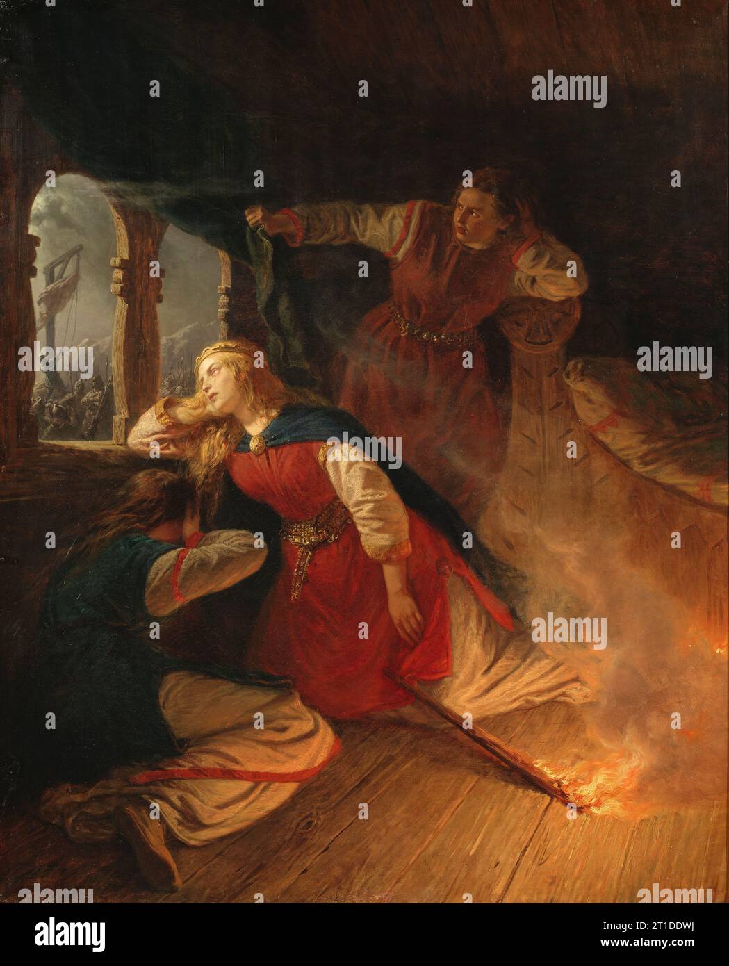 Signe Seeks Death in the Flames of Her Bower, mid-late 19th century. The story of Signy from Old Norse mythology is a classic narrative on the theme of love thwarted. Signy and Hagbard fall in love with each other but they belong to conflicting families. When Hagbard secretly contacts Signy he is condemned to death. Here we can see how Hagbard, prior to his execution, has raised his cloak on the gallows to indicate Signy's faithfulness. Signy sees the cloak and believes that Hagbard has been hanged. She commits suicide by setting fire to her hut. Stock Photo