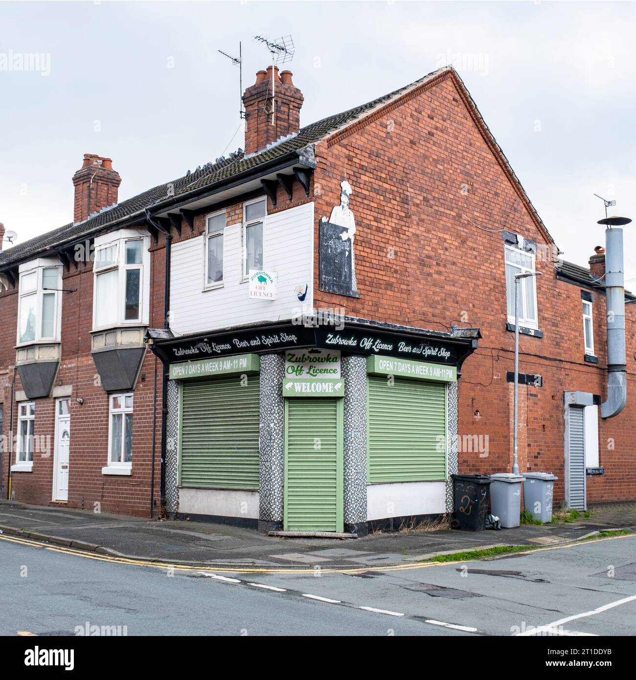 Former fish & chips takeaway now closed down Zubrowka Polish off licence in Crewe Cheshire UK Stock Photo