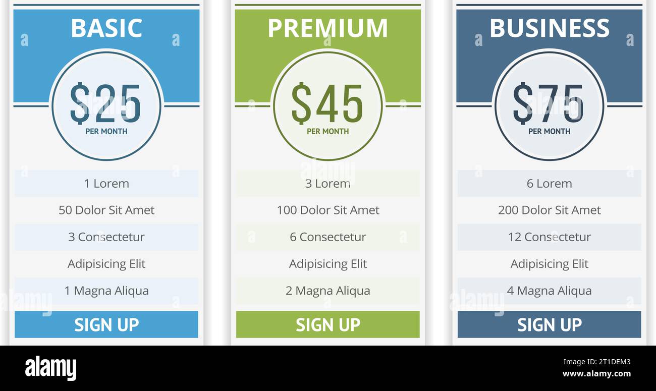 Pricing table template with three plans for websites, vector eps10 illustration Stock Vector