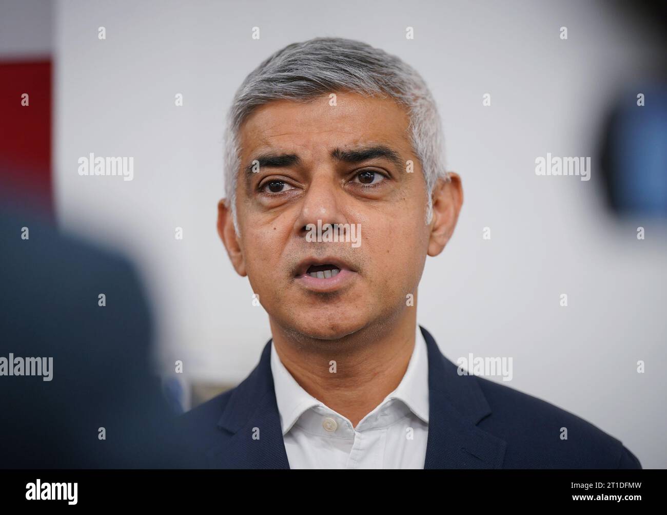 Mayor of London Sadiq Khan speaking - Mayor Of London Sadiq Khan Speaking To Media During A Visit To Medical Aid For Palestinians Map A Palestinian Aid Charity In London Picture Date Friday October 13 2023 2T1DFMW 