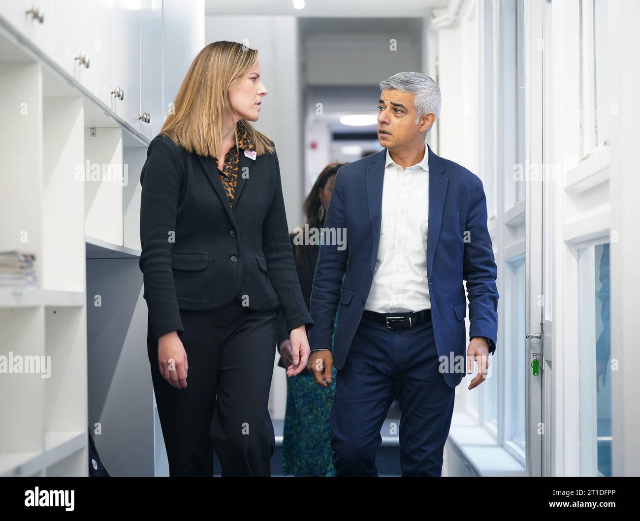 Mayor of London Sadiq Khan with - Mayor Of London Sadiq Khan With Melanie Ward Chief Executive Officer During A Visit To Medical Aid For Palestinians Map A Palestinian Aid Charity In London Picture Date Friday October 13 2023 2T1DFPP 