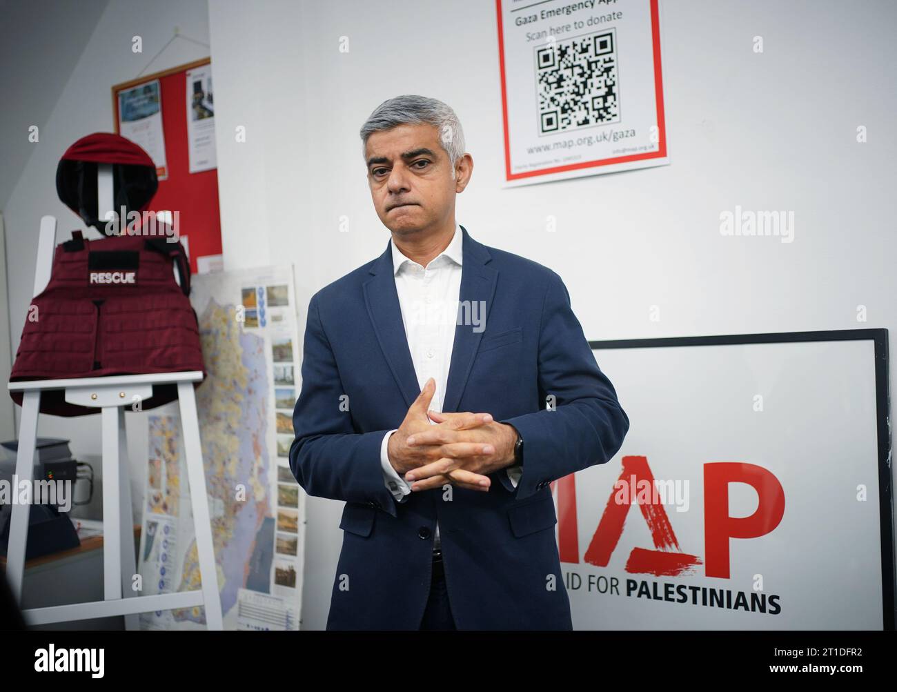 Mayor of London Sadiq Khan speaking - Mayor Of London Sadiq Khan Speaking To Media During A Visit To Medical Aid For Palestinians Map A Palestinian Aid Charity In London Picture Date Friday October 13 2023 2T1DFR2 