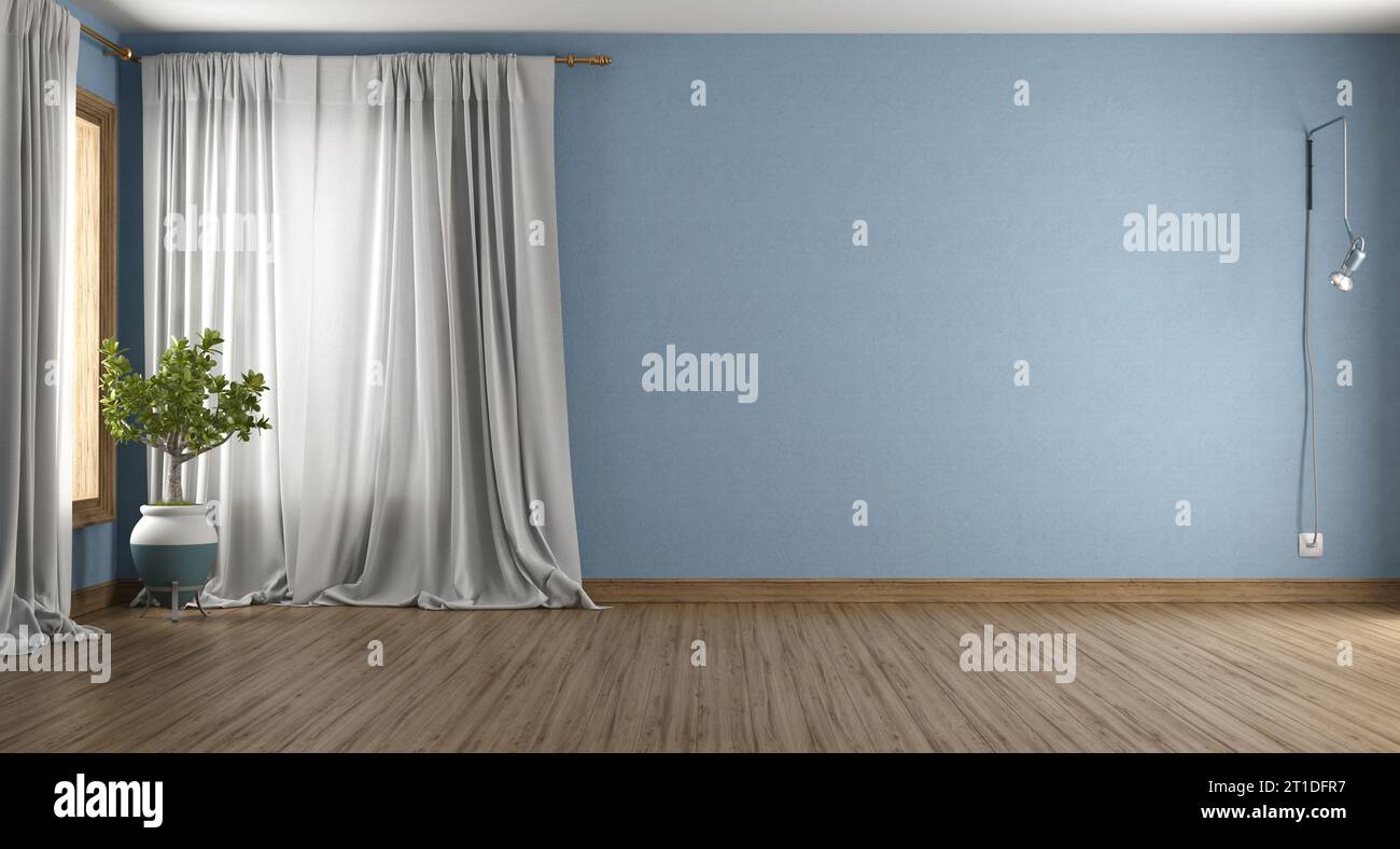 Empty blue room with curtain , hardwood floor houseplant and wall lamp - 3d rendering Stock Photo