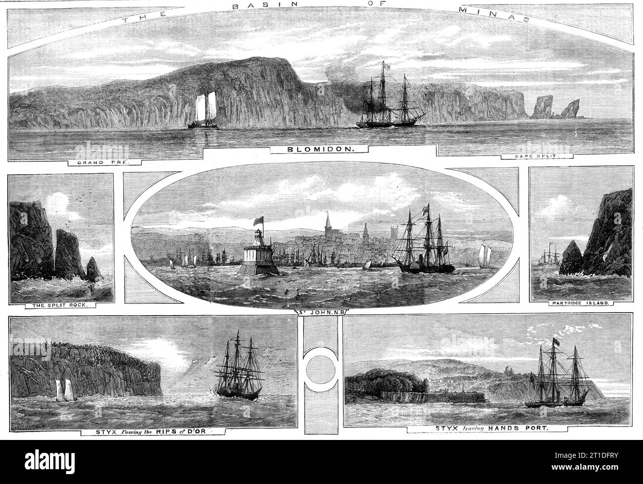 The Basin of Minas - Progress of the Prince of Wales in British North America - views illustrating the passage of H.M.S. &quot;Styx&quot;, having his Royal Highness on board, from Handsport to St. John, New Brunswick - from drawings by our special artist, G. H. Andrews, 1860. The future King Edward VII visits North America. 'Grand Pr&#xe9;; Blomidon; Cape Split; The Split Rock; St. John, New Brunswick; Partridge Island; Styx passing the Rips of D'Or; Styx leaving Hands Port'. From &quot;Illustrated London News&quot;, 1860. Stock Photo