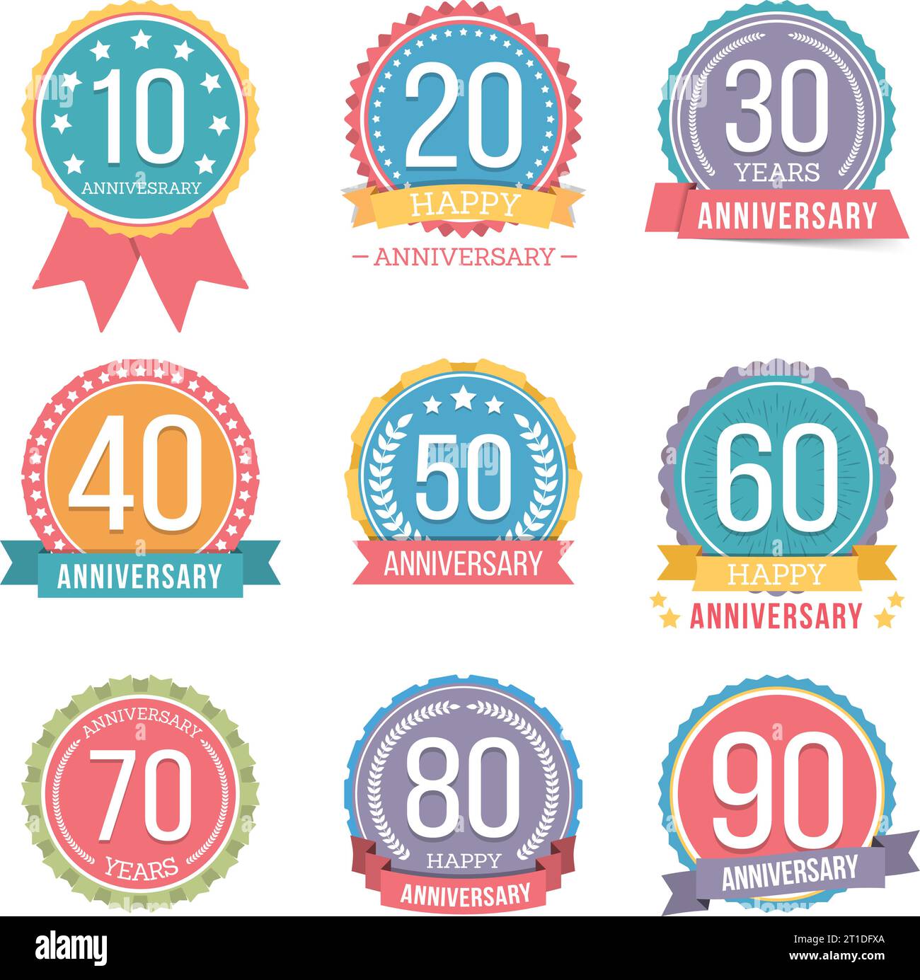 Set of round anniversary emblems with ribbons, vector eps10