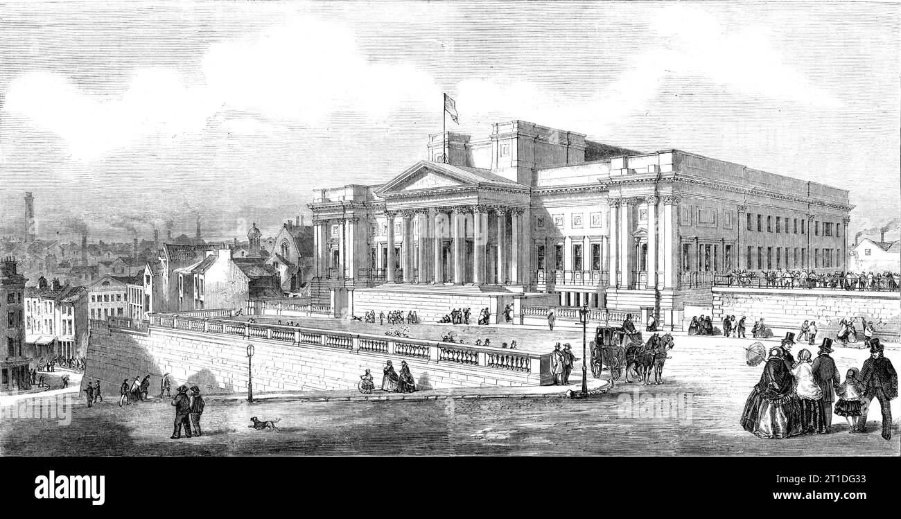 Free Public Library and Museum, Liverpool, the gift of W. Brown, Esq., to his fellow-townsmen, 1860. 'The new library and museum is situated on the northerly side of Shaw's-brow, and presents a centre, flanks and wings. The centre is a deeply-recessed hexastyle Corinthian portico, after the Temple of Juno Stator in Rome, having an inner row of four columns...the floor of the portico being attained by steps...The remainder of the front is inclosed from the street by a stone balustrade and iron gates. The two wings have each four Corinthian pilasters...the external walls being finished in Staffo Stock Photo