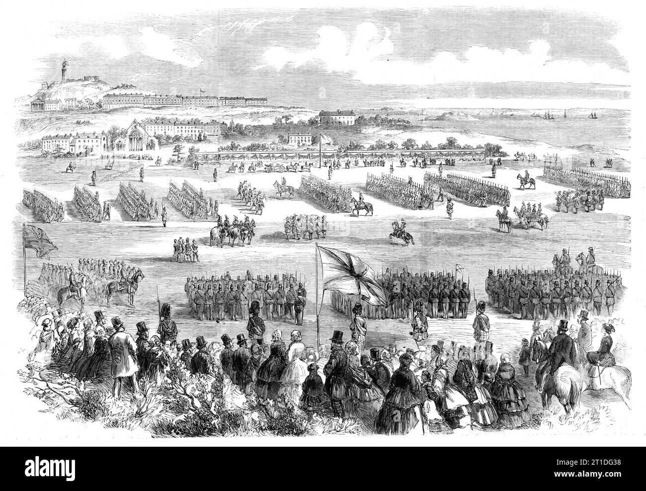 The Review of Rifle Volunteers by the Queen at Edinburgh - the Troops marching past Her Majesty, 1860. From a sketch by B. Clayton. 'The volunteer array was commanded in chief by General Sir George Wetherall, and the two divisions respectively by Lord Rokeby and General Cameron...The marching past of this immense body of volunteers, numbering 21,514, occupied an hour and twenty minutes...The whole army simultaneously moved forward until the bugle called a halt. The officers then saluted with their swords, and the whole line presented arms. The final command given was three cheers for the Queen Stock Photo