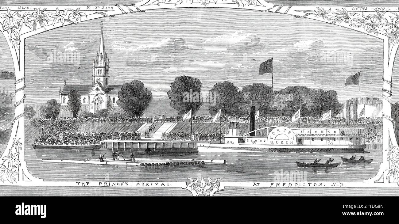 The Prince's arrival at Fredericton, New Brunswick, 1860. The future King Edward VII visits Canada. 'The Prince reached Fredericton, New Brunswick, on the 4th August. A Fredericton despatch of that date says: &quot;To-day is the most delightful experienced by the Prince of Wales since his arrival. The boat ran up the St. John's River, through a fertile and beautiful country. The Prince was on deck most of the time, and was loudly cheered by groups of people in boats and on projecting points, and saluted by the waving of flags, ringing of bells, firing of muskets, &amp;c., which were answered b Stock Photo