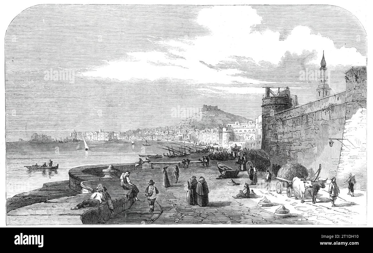 Naples, [Italy], from the Castel del Carmine - from a drawing by S. Read, 1860. 'The city stands on the north shore of the bay of the same name, and is built at the base and on the slopes of a range of hills which have the general form of an amphitheatre. Its forts are St. Elmo on the north-west, fort del Carmine, and the Castello Nuovo between the Royal palace and the sea, and the Castello dell'Ovo. The Castel del Carmine...is a massive pile, and was founded by Ferdinand I. in 1484, when he enlarged the walls of the city and erected most of the modem gates, and enlarged by Don Pedro de Toledo Stock Photo