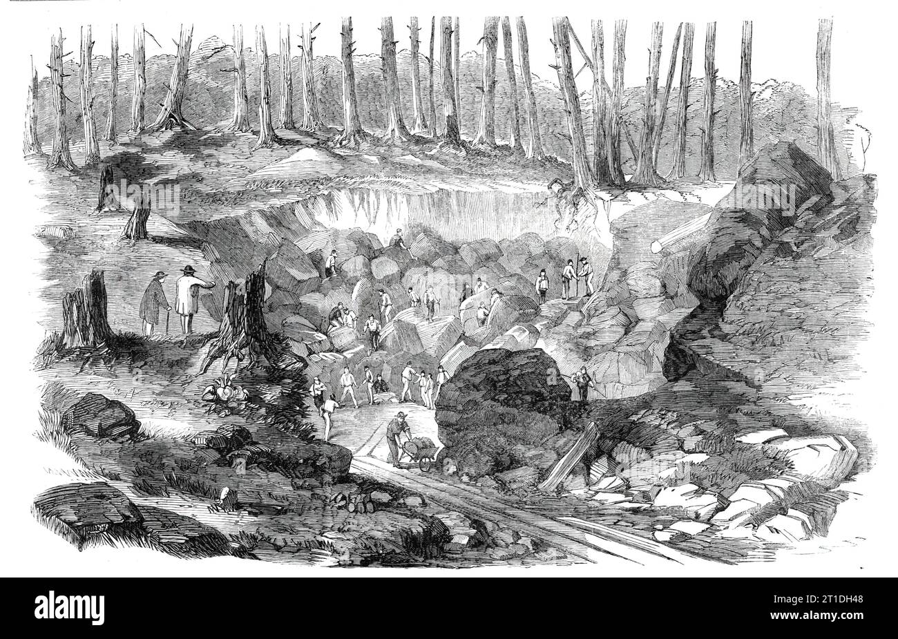 Copper mine or quarry, near Montreal, Canada - from a sketch by our special artist, G. A. Andrews, 1860. Excitement due to the '...discovery of an immense deposit of copper ore in the hillside near the village of Acton, Canada East...Excursion-trains run from Montreal expressly to visit the mines; and, as the proprietor makes a charge for admission...he is likely to make a rich harvest of gold and silver, as well as of copper, by his discovery...The face of a considerable hill has been laid open, and what appears a large stone quarry is being worked by about a hundred men, who are continually Stock Photo