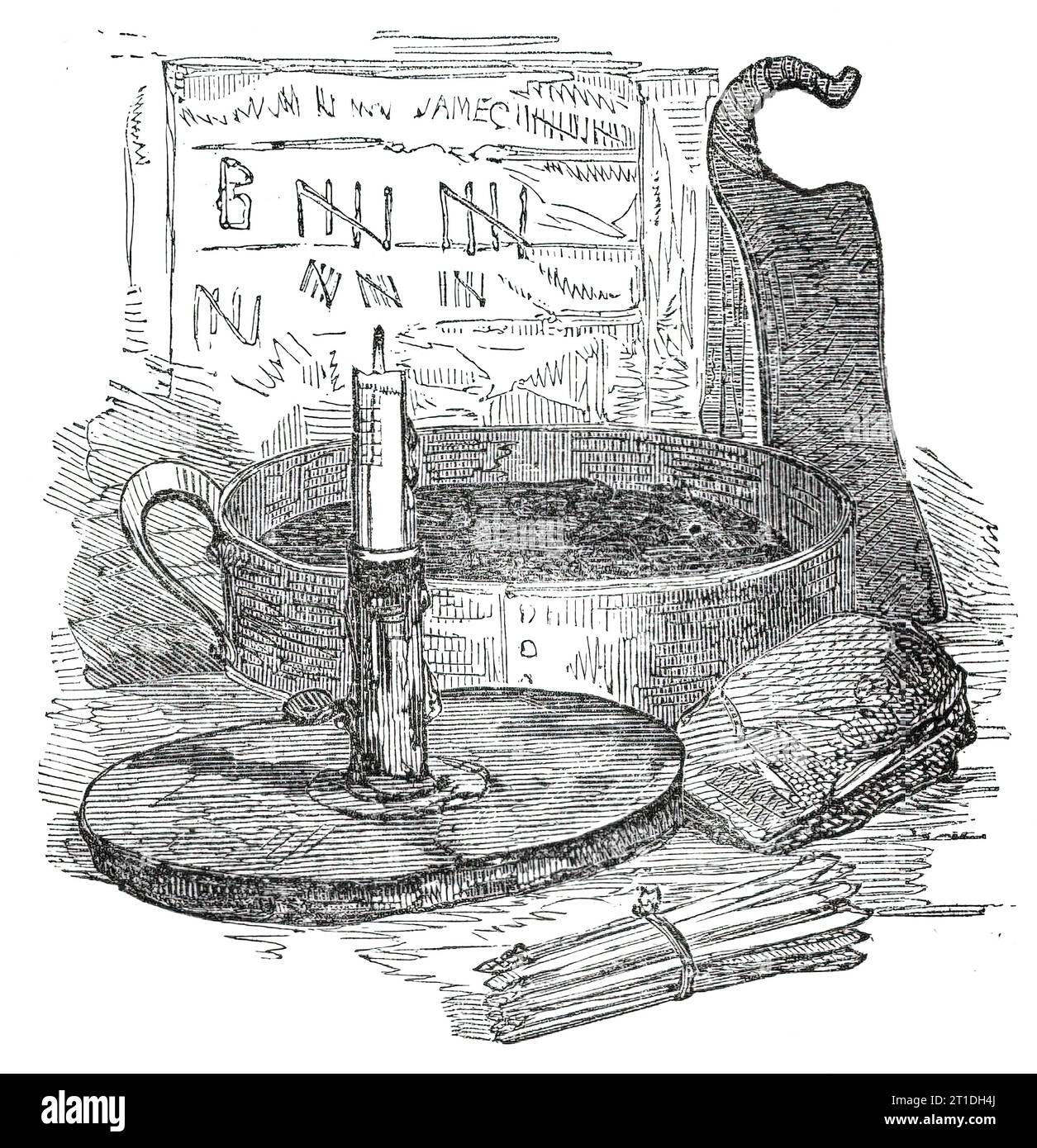 The tinder-box with its et ceteras, 1860. 'The brimstone-matches, the tinder-box, and the flint and steel...are now amongst the matters of the past, and so completely have the lucifers superseded them that the fire-producing apparatus which was, and had been for centuries, so common in every dwelling throughout the land, are almost as rare as the schoolboy's &quot;Hornbook&quot;...Great as are the advantages which have arisen from the introduction of lucifer-matches, it is not altogether without some evils. In the large manufactories in which they are made the children and other workers are of Stock Photo