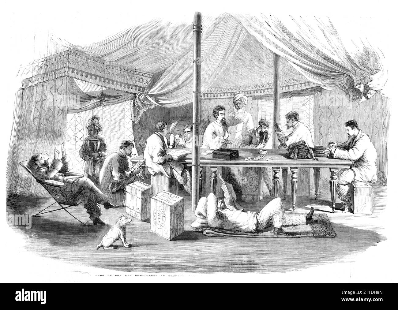 The War in China - tent of the 15th Punjaubees at Pehtang - from a sketch by our special artist, C. Wirgman, 1860. British officers and their Indian attendants. Note crates of cognac. 'In a square courtyard, matted over - which can be rolled off by means of four strings when the sun is down - the gallant officers may be observed, in every variety of picturesque uniform, seated at a long row of tables, either dispensing hospitality to their friends who call, or doing duty as officers. In the evening the scene has a charming appearance, lighted by Chinese lanterns and native dips in wonderful ca Stock Photo