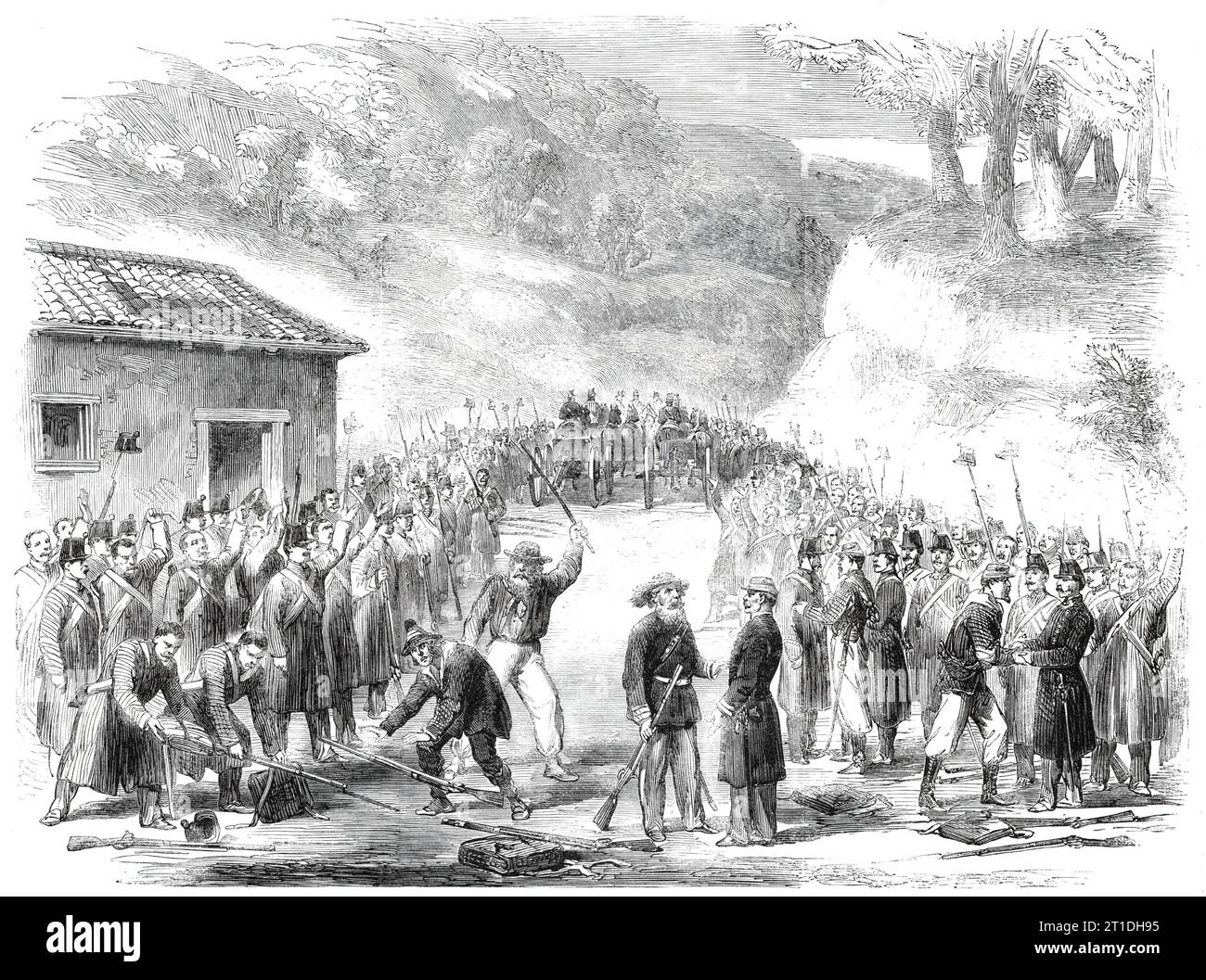 Surrender of the Neapolitan troops at Soveria, Calabria - from a sketch by our special artist in Italy, Frank Vizetelly, 1860. 'Soveria was one of those mountain fastnesses which yielded to [Garibaldi] at once without a struggle. The correspondent of the Daily News...writes: &quot;...I never witnessed more distressing scenes; peasants and soldiers getting hold of the arms given up by the Neapolitans...a terrific noise prevailing in that pandemonium of human beings...all the Neapolitan officers with whom I spoke told me they were glad that the capitulation, though hard and humiliating, had been Stock Photo