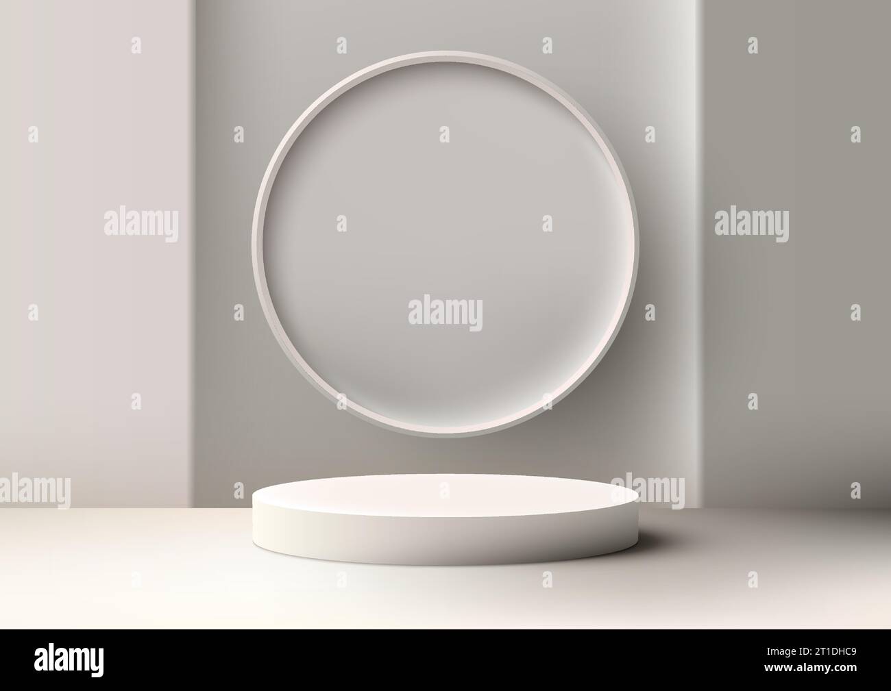 3D realistic white podium with white circle wall backdrop on the white ...