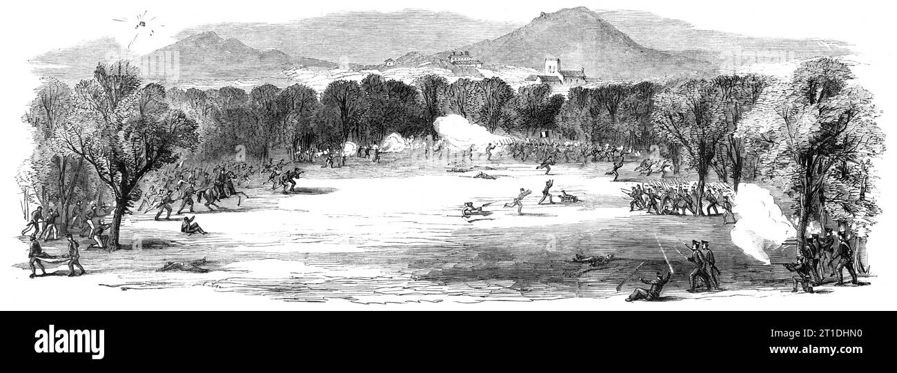The Battle on the Volturno - fight in the field near St. Angelo - from a sketch by T. Nast, 1860. 'The village itself, or rather the old abbey and its dependencies, which are built on the slopes of the mountain, are safe enough against an attack in front, and their safety would only have been compromised had the Neapolitans crossed the river at the ford above the Scafa di Formicola and come up by the mountain road in our rear; but the important thing in St. Angelo was to guard the main road of communication with Santa Maria and the works and pontoons which had been prepared towards the river. Stock Photo