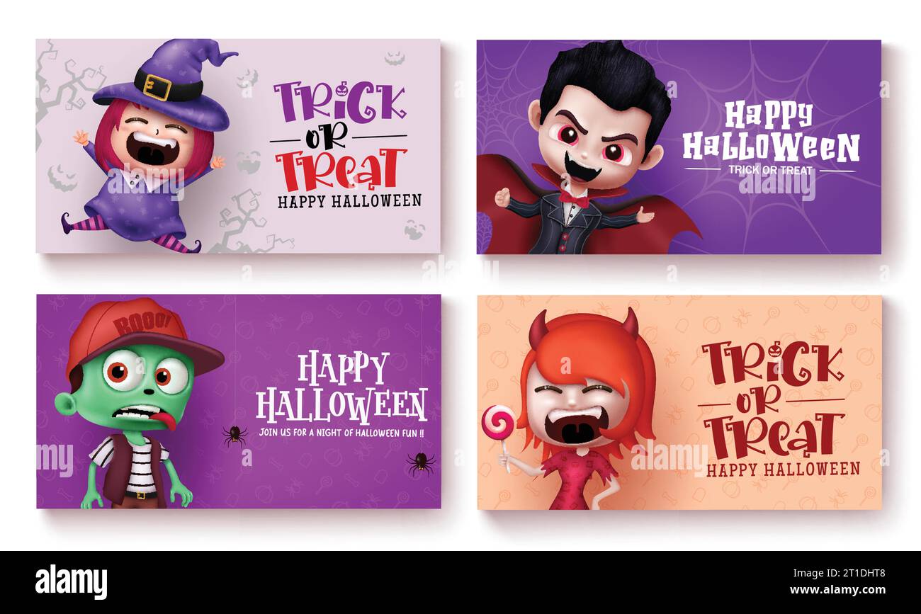 Halloween tags characters vector set banner. Trick or treat greeting card with kids characters for gift tag and sticker collection party postcard. Stock Vector