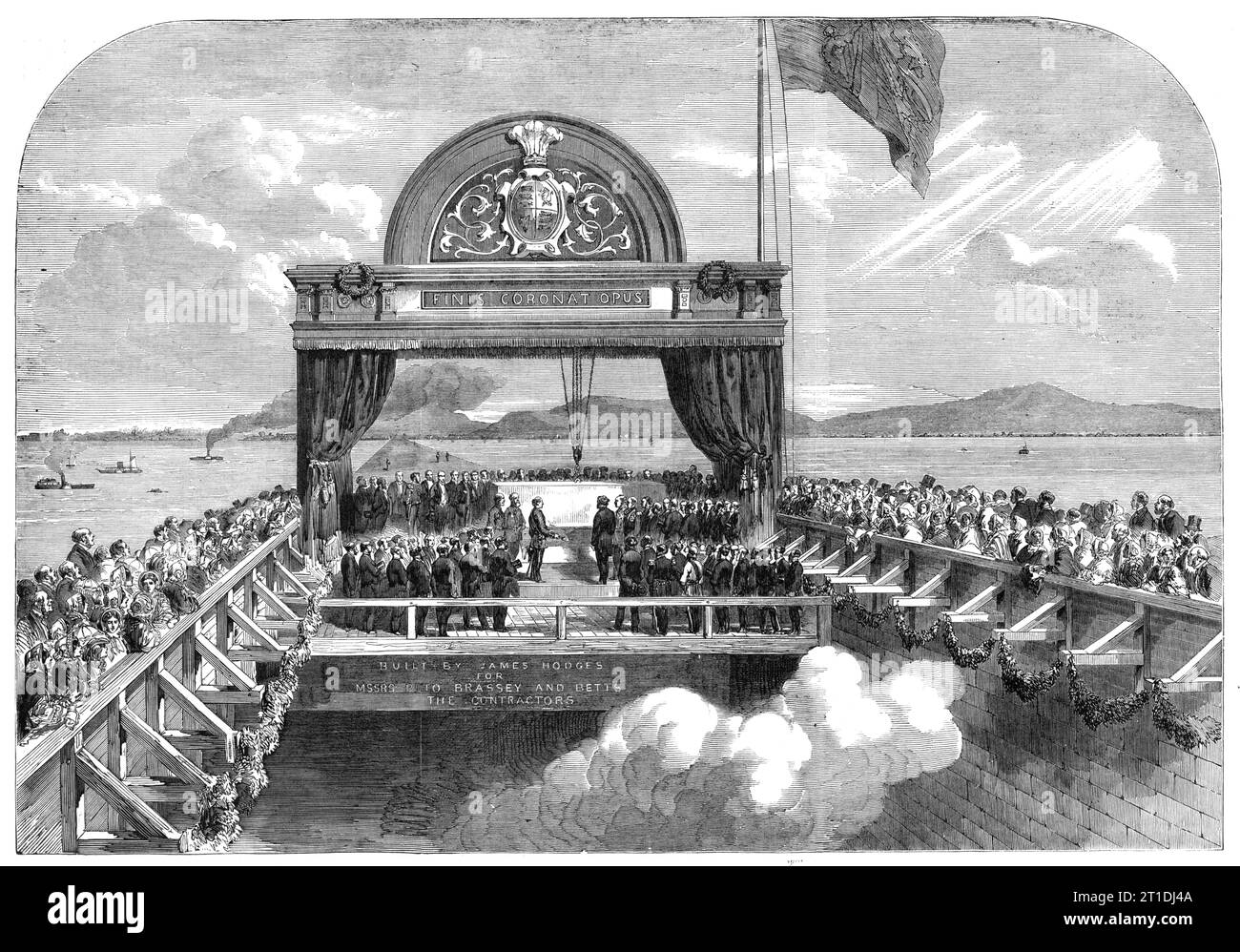 The Prince of Wales laying the last stone of the Victoria Bridge over the St. Lawrence - from a sketch by our special artist in Canada, G. H. Andrews, 1860. '...at the depot of the Grand Trunk Railroad...a great crowd had assembled to witness the ceremony of laying the cornerstone...The approach to the bridge was lined with seats, to which persons were admitted only by ticket. Inside the abutment were seats for the higher classes...while the gallery above was reserved for the families of the legislators. A scaffold was erected for the Prince near the comer-stone, which was slightly raised, tog Stock Photo