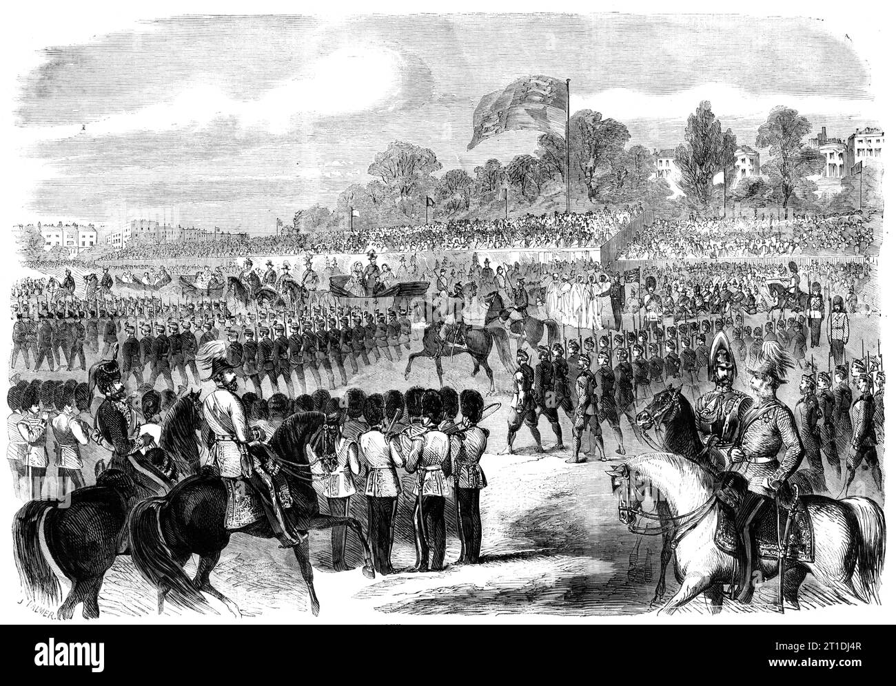 The Volunteer Review in Hyde Park, [London], 1860. 'The volunteers were formed in a line of battalions, in contiguous columns at quarter distance, varying from 400 to 950 strong; four battalions forming a brigade, with the exception of the Artillery, which consisted of two battalions only. The whole mass or line was formed into two grand divisions, the first being the largest, embracing, in addition to four battalions (the strength of the second division), the Artillery Brigade, and the single battalion on the extreme right, composed of Mounted Rifles, the Hon. Artillery Company, Engineers, an Stock Photo
