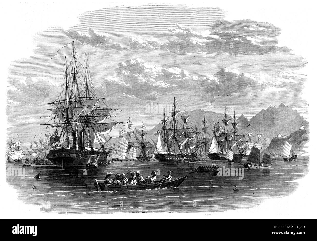 The Combined Fleet in China - transports in Cowloong Bay preparing to get under way for the north - from a sketch by our special artist at Hong-Kong, 1860. British warships at anchor. 'Advices from China are - Hong-Kong, June 7; Shanghai, May 30. The following is from the summary of the Hong-Kong China Mail: &quot;Since the departure of last mail nothing of a political nature has taken place in regard to our relations with China, unless the success of the rebels near Shanghai may affect the progress of events. Most of the transports which had left for the north have had to put back to this por Stock Photo