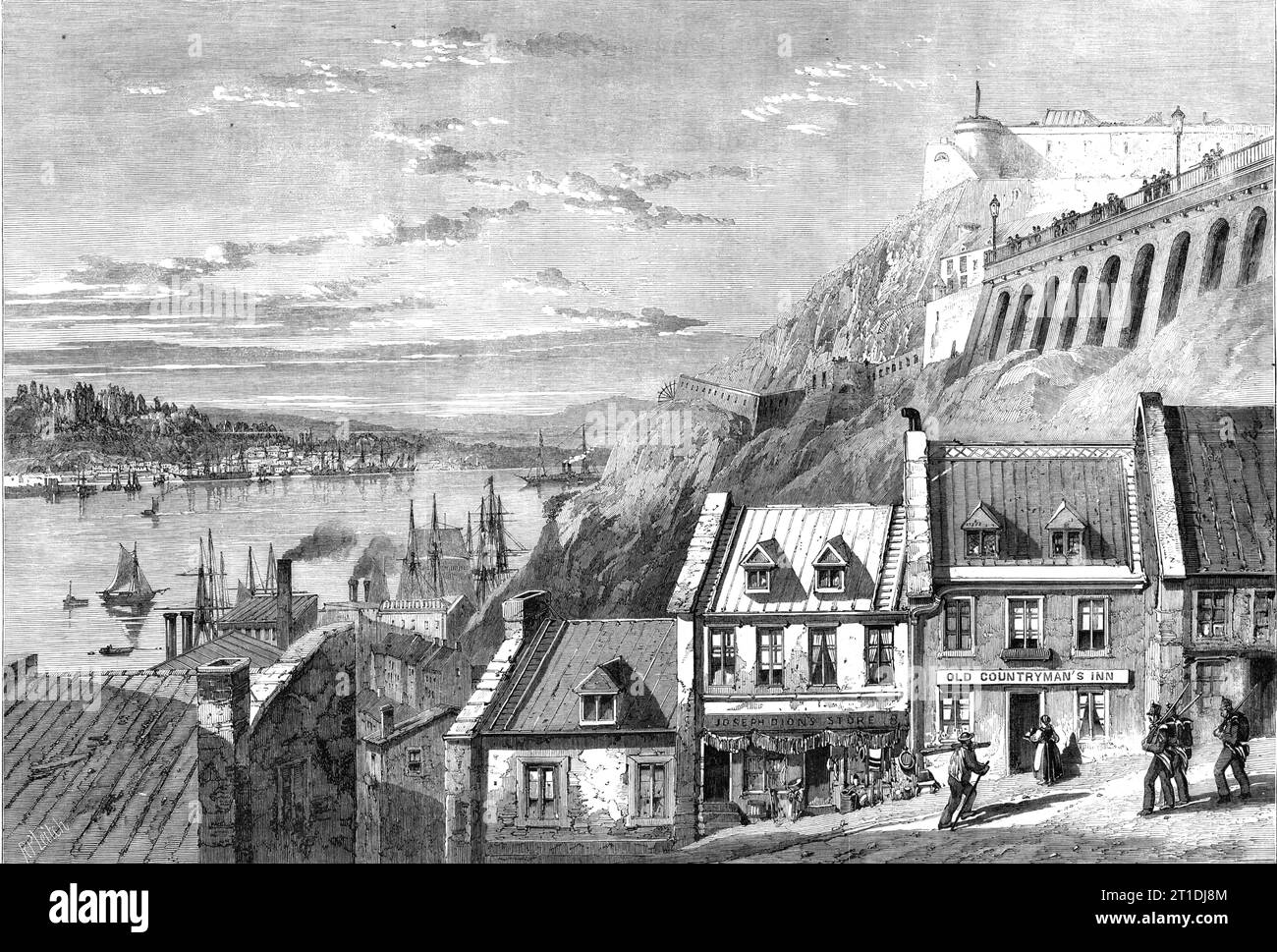 The Visit of the Prince of Wales to Canada - the Citadel of Quebec, [Canada], from Prescott Gate - from a drawing by Captain Williams, R.A., 1860. 'Standing on a bold and precipitous promontory, Quebec has not inappropriately been called the &quot;Gibraltar of America,&quot;...The citadel stands on what is called Cape Diamond, three hundred and fifty feet above the level of the sea, and includes about forty acres of ground. The view from off the citadel is of the most picturesque and grand character. There will be seen the majestic St. Lawrence, winding its course for about forty miles, whilst Stock Photo