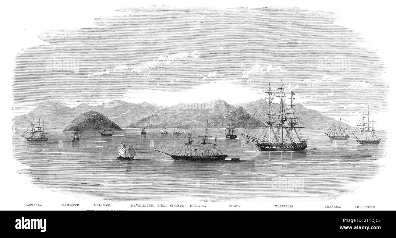 The Fleet in China under Admiral Jones assembled off Kintang prior to the occupation of Chusan, 1860. Engraving from a sketch by Lieut. H. E. Sturt, on board the Imperieuse. 'Kintang, or Silver Island, off which the fleet under Admiral Jones, C.B., assembled prior to the occupation of Chusan, is one of a group of islands near the east coast of China. The fleet was composed of the Imperieuse, flag-ship, 51 guns; Scout, 21; Pearl, 21; Roebuck, dispatch gun-boat; Firm, Opossum, gun-boats; Duchayla, French frigate; l'Alarme and l'Avalanche, French gun-boats; the Grenada, having on board General Si Stock Photo