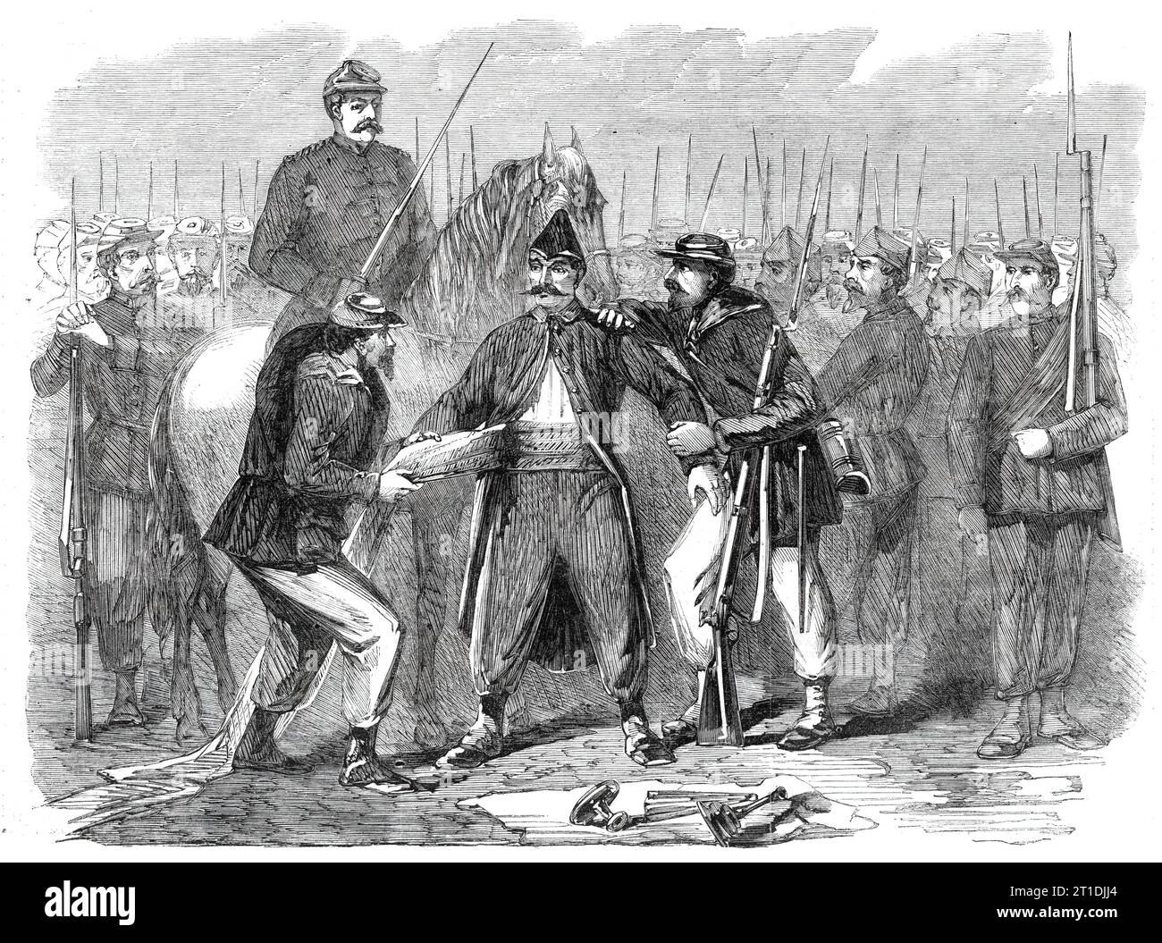 Searching Neapolitan prisoners at St. Angelo - from a sketch by our special artist, Frank Vizetelly, 1860. War in Italy. 'A party of prisoners taken by Bixio's division in the engagement of the 1st October were recognised as belonging to the Neapolitan troops who some days previously had committed all kinds of atrocities at Cajazzo, which place was sacked. Bixio gave orders to have them searched, and that all those who had plunder on them should be shot. From some were taken earrings with flesh still hanging to them; others had ornaments taken from the altar of the church; and several were swa Stock Photo