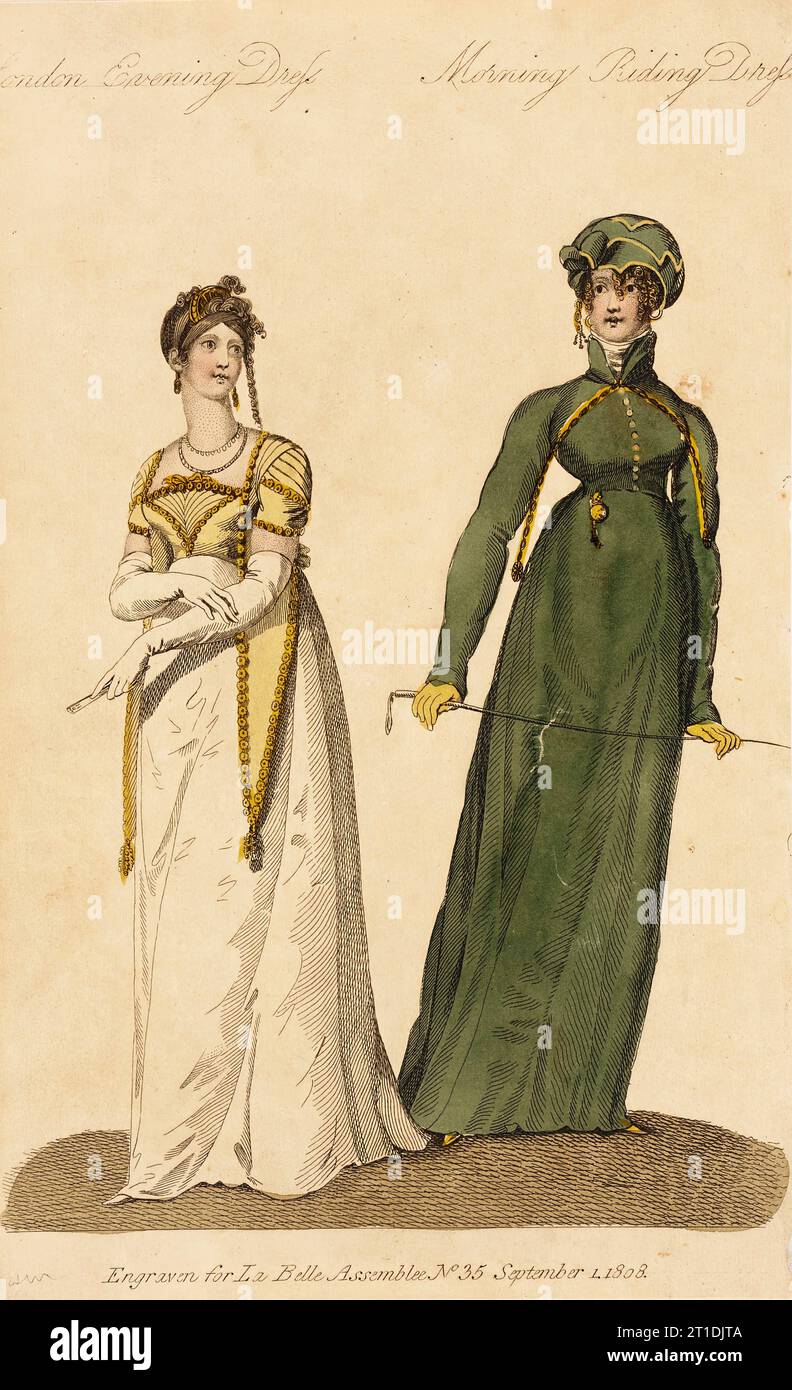 Fashion Plate (London Evening Dress - Morning Riding Dress), 1808. Stock Photo