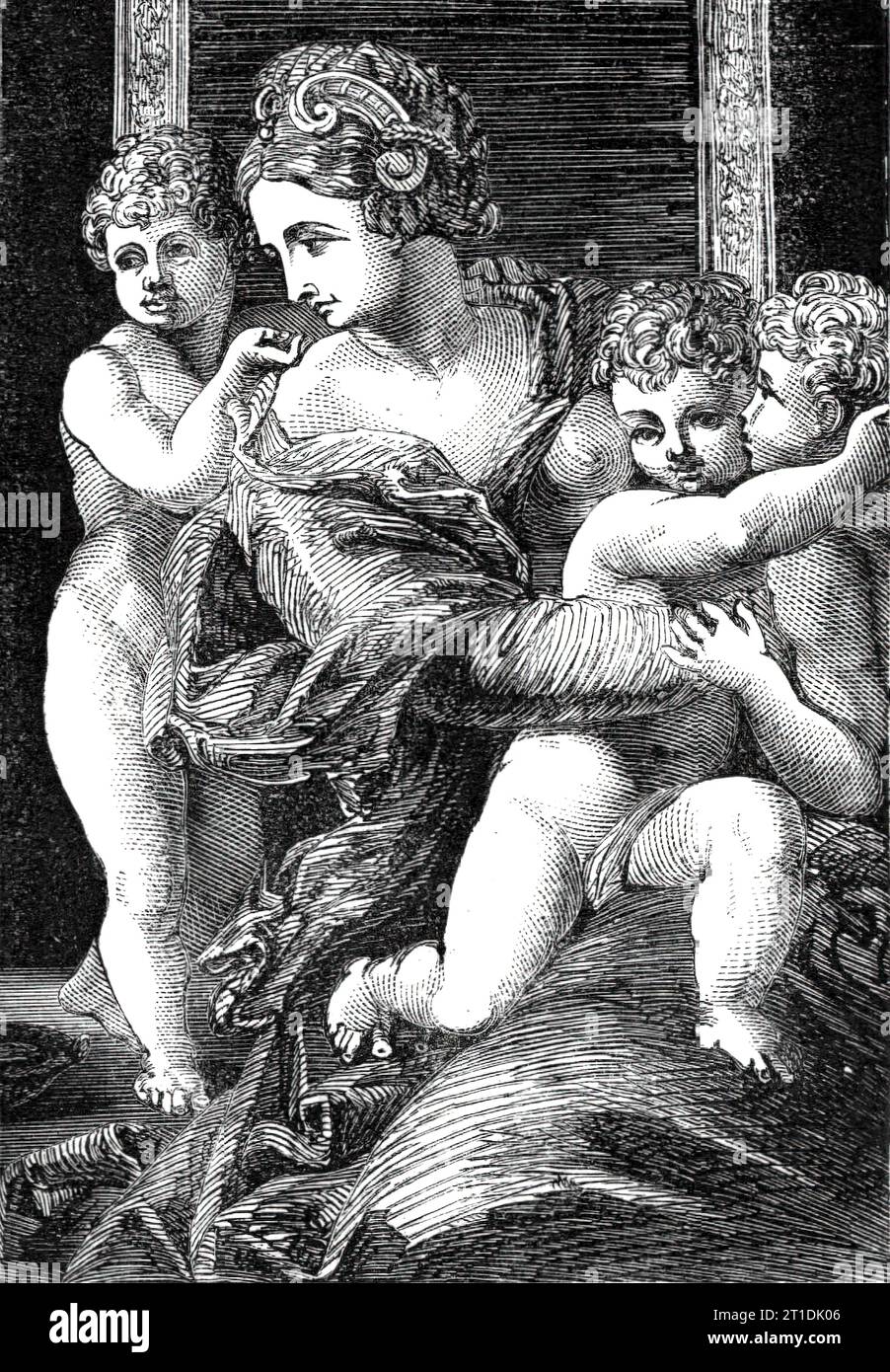 The Beaucousin Collection at the National Gallery - &quot;Charity&quot;, by F. Salviati, 1860. Engraving of a painting. 'The most recent accession to our National Gallery, at least of those which have been exposed to public scrutiny, is the collection of thirty-one pictures purchased last year from M. Edmond Beaucousin, at Paris, for some &#xa3;5000 or &#xa3;6000, we do not recollect the exact amount. The &quot;Charity&quot; by Salviati, a Florentine by birth (b. 1510, d. 1563), contrasts remarkably by the boldness displayed in its motive and grouping with the more modest work of Francia, and Stock Photo