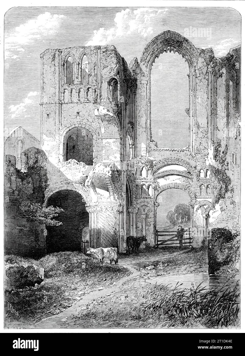 &quot;Ruins of Castle Acre Priory, Norfolk&quot;, by R. P. Leitch, from the Royal Academy Exhibition, 1860. Engraving from a painting. 'The ruins of Castle Acre Priory, in Norfolk, dedicated to SS. Mary, Peter, and Paul, are amongst the most picturesque objects of the kind which survive it as memorials of the piety of our forefathers. It was founded by the Earl of Surrey in 1085, in acknowledgment of the courtesy shown to him in the Abbey of Clugny when on a pilgrimage to Rome. It is seated on the Nar; and the walls originally included twenty-nine acres of ground. A very beautiful painting of Stock Photo