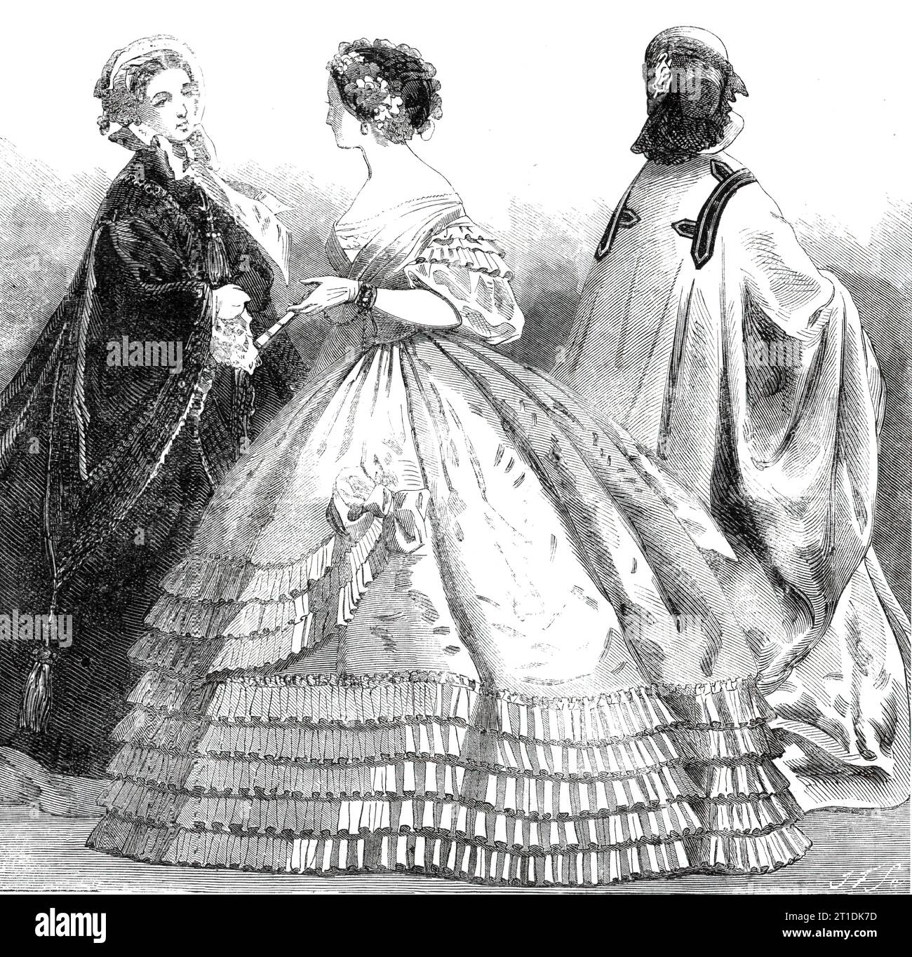 Paris Fashions for November, 1860. '1. The Lodi Cloak...of velvet, without any other trimming than a narrow ruching placed upon the interior edge. The sleeve, in two pieces, forms two points; to the bottom one a large tassel is attached. 2. Dress for an Evening Party. Robe of pink gaze de Chamb&#xe9;ry, with five goffered flounces, which are placed round the dress in such a manner as that the ends of three of them are brought up on one side of the skirt, where they terminate graduatingly...These three pieces of flouncing finish with a large simple bow without ends. The corsage is round, with a Stock Photo