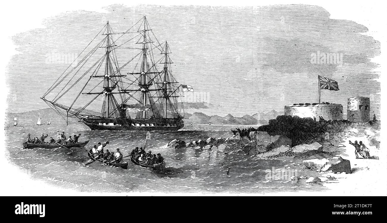 H.M.S. &quot;Euryalus&quot;, with Prince Alfred on board, entering Simon's Bay, 1860. Queen Victoria's son, Alfred, Duke of Saxe-Coburg and Gotha, became a naval cadet at the age of 14. Here, he makes an official visit to the Cape Colony, South Africa. 'Simon's Bay is an inlet on the west side of False Bay. In this bay is situated Simon's Town, about twenty-three miles south of Cape Town...It is neatly built at the base of Cape Mountain, and has a naval arsenal. At this port homeward-bound ships from India usually resort for repairs, and it is the residence of the naval Commander-in-Chief of t Stock Photo
