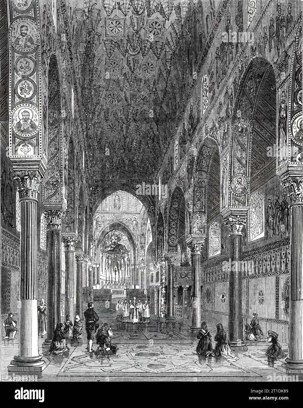 The Chapel Royal, Palermo, 1860. Interior of '...the splendid Capilla Reale...which may be said to unite three styles together - the Greek, Romanesque, and Saracenic, a combination only to be found in Sicily. This celebrated chapel is attached to the Palazzo Reale...It was built by Roger, the first Norman King of Sicily, and was finished in 1132...It possesses all the features of a large church - a nave, side aisles, and three apses. It is in the long Latin form, with a Greek cupola at the intersection of the cross. The pillars of the nave are probably taken from earlier buildings: some are of Stock Photo