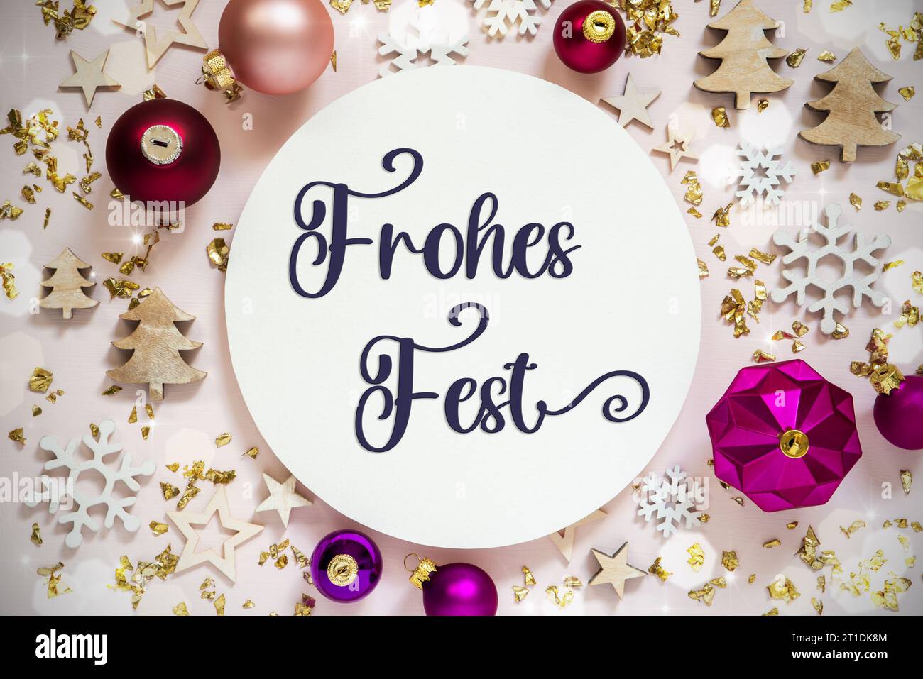 Text Frohes Fest, Means Happy Holidays, Purple Flatlay Christmas Decor Stock Photo