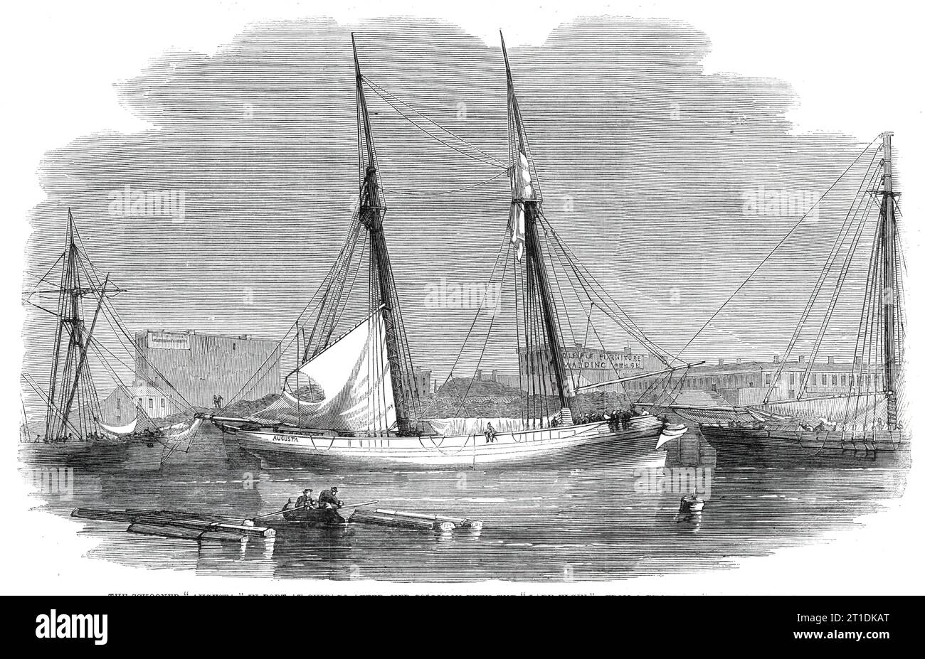 The schooner &quot;Augusta&quot; in port at Chicago after her collision with the &quot;Lady Elgin&quot; - from a photograph by S. Alschuler, 1860. 'The Lady Elgin usually made three annual excursions on Lake Superior...and it was while she was proceeding on the last of her three excursions for the present year that she met her fate. The captain of the unfortunate steamer was Mr. John Wilson...The Augusta schooner, the vessel which ran into the Lady Elgin, is owned by Mr. George W. Bissell, of Detroit, and commanded by Captain Malott. She did not escape scathless in the collision, all her head- Stock Photo