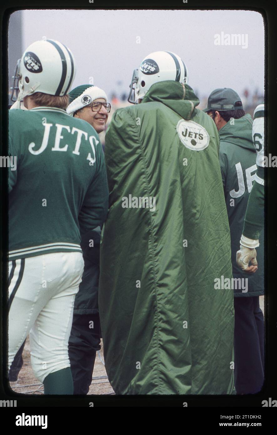 Orthopedic surgeon and sports medicine pioneer Dr. James Nicholas on the sidelines of a 1978 New York Jets game. He was their team doctor. Stock Photo