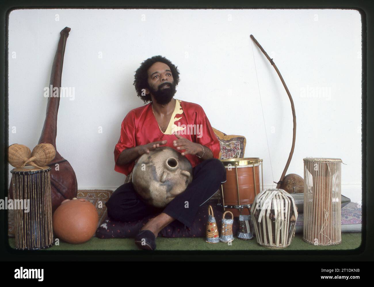 A 1983 posed portrait of Nana Vasconcelos, Brazilian jazz percussionist