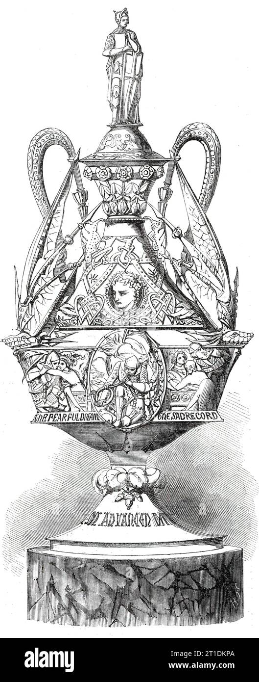 The Doncaster Cup, 1860. 'This Cup...has been designed to illustrate the ballad of the birth of St. George, [by] Bishop Percy...It is not too much to say that the artist has thoroughly succeeded in obtaining a perfect keeping between the vase and the poem...We have not a Gothic legend illustrated by a Greek design, but we have, in truth, the spirit of an Anglo-Norman legend carried out and portrayed upon an Anglo-Norman vase...Around the body four oblong panels bear upon them: the dream of the mother of St. George; the interpretation of that dream; the death of the knight's mother; and the del Stock Photo