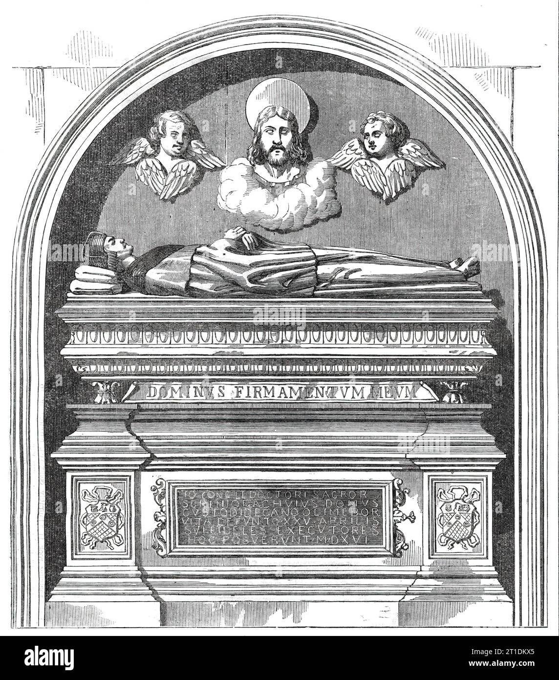 Monument to Dr. John Yonge, by Torrigiani, in the Rolls Chapel, [Chancery Lane, London], 1860. 'Among the monuments almost hidden from view in the quaint old Chapel of the Rolls - an edifice now undergoing restoration...is one by no less an artist than Torrigiani...This monument is to the memory of Dr. John Yonge, who was appointed Master of the Rolls during the reign of Henry VII., and retained the office until his death [in 1516]...It represents the effigy in a recumbent attitude, habited in a long red robe and deep square cap, the face of the figure being wonderfully fine. In a recess above Stock Photo
