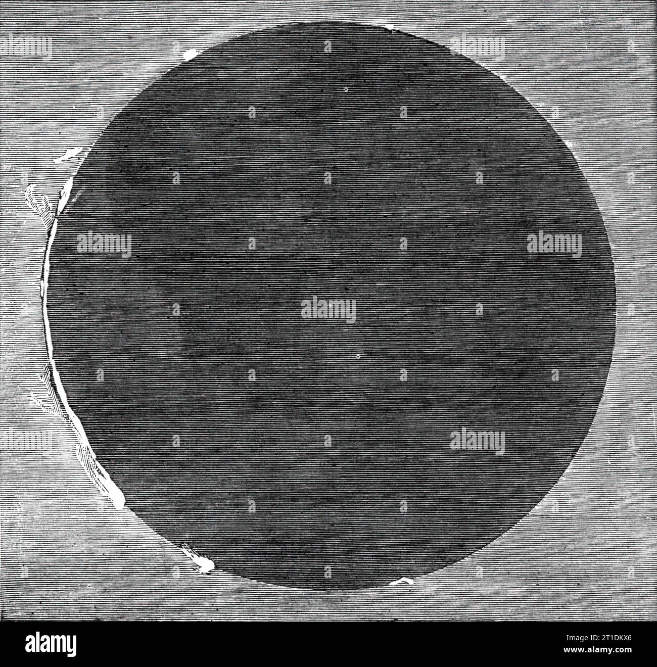 The Eclipse of the Sun - facsimile of [one of] the two photographs obtained during the totality, 1860. Astronomer Warren De La Rue captured images in Rivabellosa, Spain. 'My more important object was to endeavour to obtain photographs of the various phases of the eclipse...by means of the Kew photoheliograph, an instrument I designed...for the special object of delineating the sun's image by means of photography...The first plate at the moment of totality was...exposed just one minute, and although my observations with the telescope gave me great hopes that the luminous prominences would be de Stock Photo