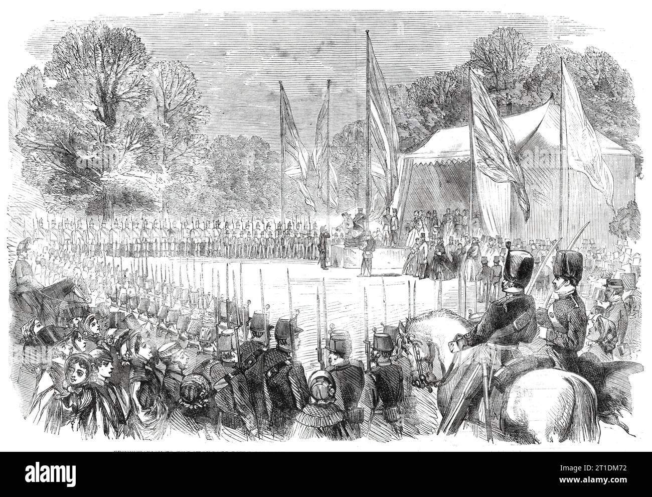 Presentation to the Highgate Rifle Corps of a silver bugle by Miss Burdet Coutts, at Holly Lodge, Highgate, 1860. 'The company having taken their seats, the battalion marched up in column, and, on arriving within a short distance of the presentation tent,...formed into line...the band of the North Middlesex Rifles stationed in the rear playing &quot;Rule Britannia.&quot; Miss Burdett Coutts then came forward to the front of the platform, to present the bugle, amidst the enthusiastic cheering of the vast concourse of persons assembled, and addressed the volunteers...: &quot;The ladies of Highga Stock Photo